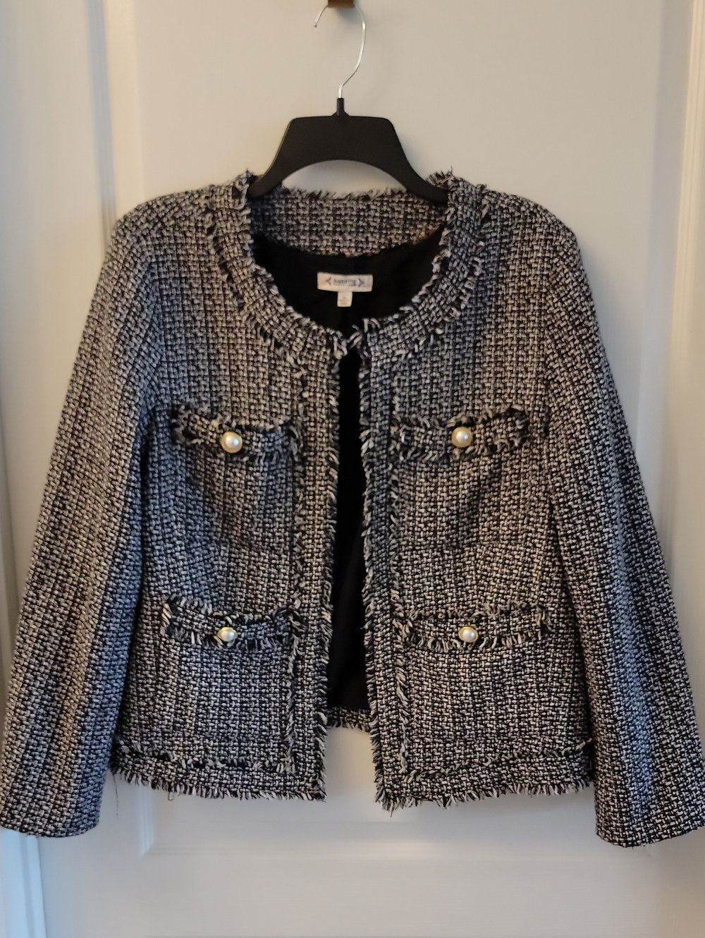 Nanette Lepore Black & White Tweed Fringe Pearl-Button Jacket